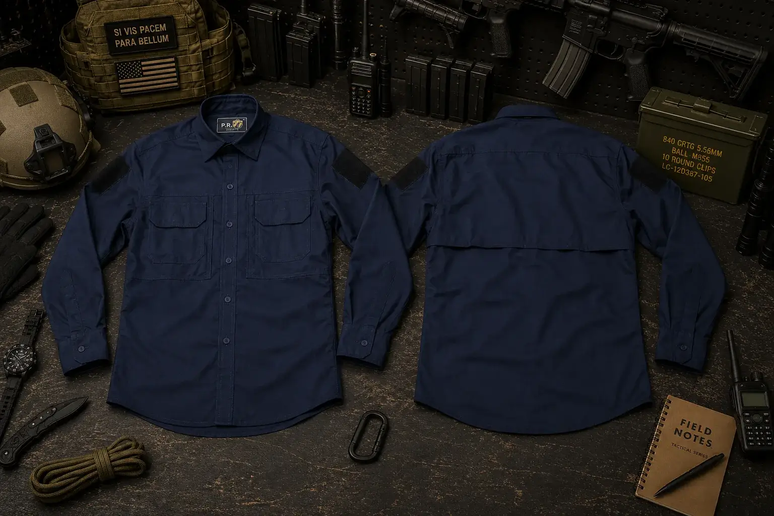 Camisa t&aacute;ctica azul, frente y espalda