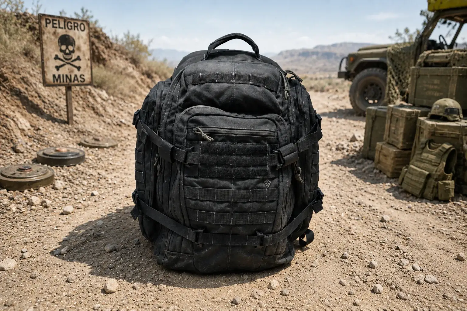 Mochila t&aacute;ctica negra en entorno operativo